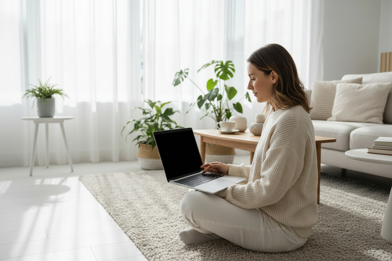 Make it so you can’t see what’s on the screen have her facing a different direction